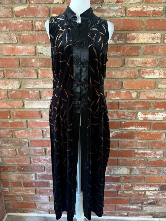 Cache Jackets & Blazers - 1990’s Sleeveless Black Velvet Long Duster with Gold Leaf Motif